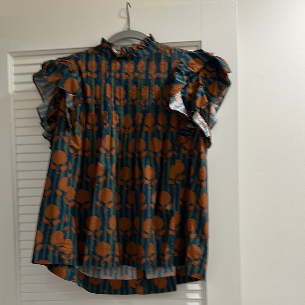 Oliphant Orange and Green Ruffled Boxy Blouse